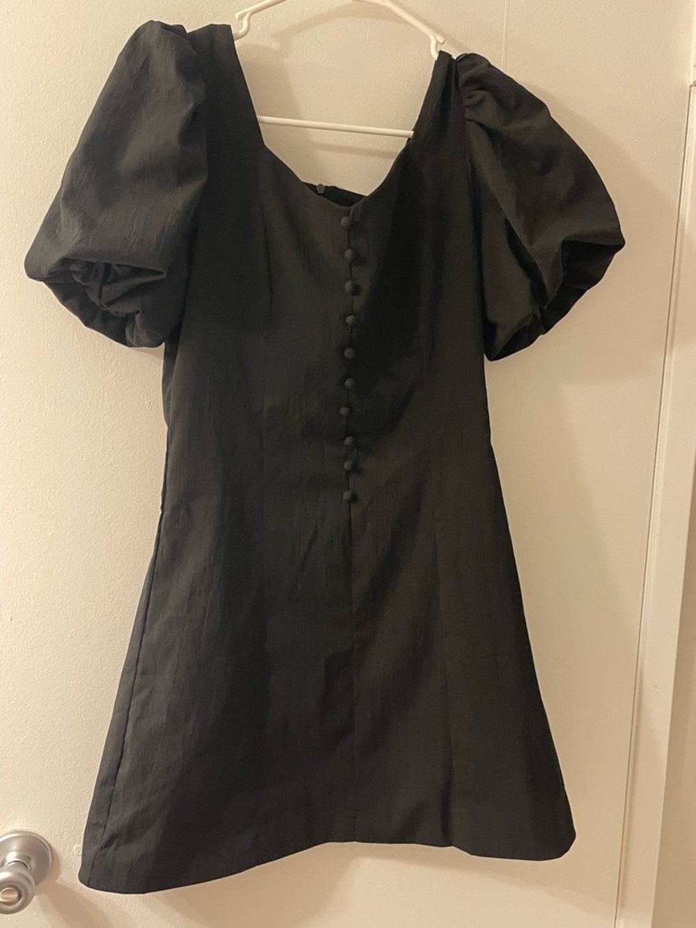 Black Puff-Sleeve Mini Dress with Covered Buttons